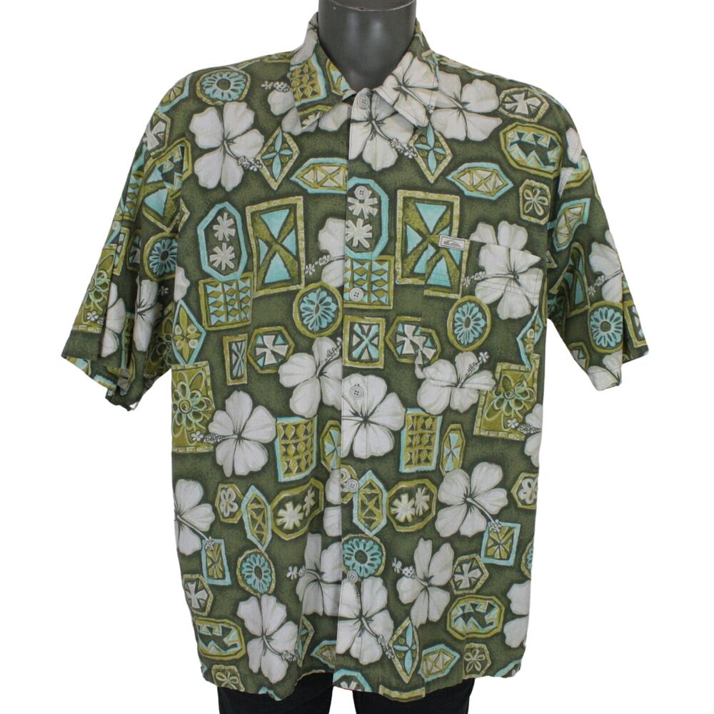 Vintage 90s Quiksilver Hawaiian Shirt XL Green Floral Surf Beach Y2K Button Up